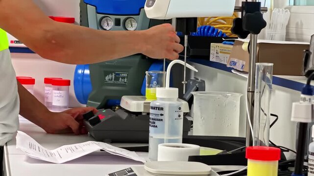 Technician operates a benchtop mixer and containers while preparing a yellow liquid sample in a modern laboratory workspace.
