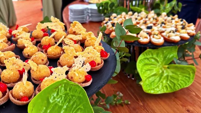 sliding camera movement across an assortment of sophisticated bite sized canap&eacute;s featuring crisp golden tartlet bites.