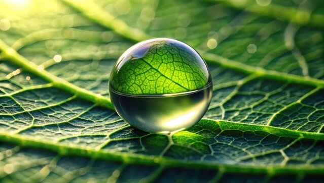 Delicate water drop on a leaf reflecting the surroundings