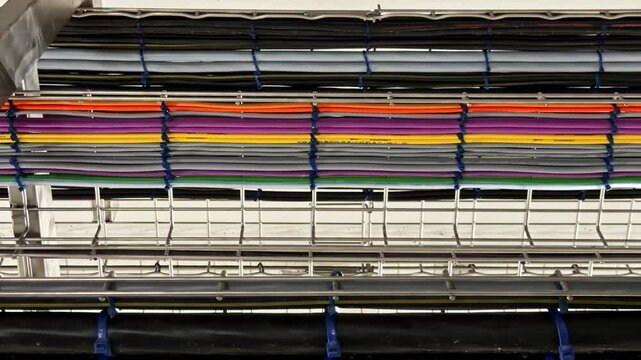 Organized colorful communication wires for data center running in a network cable tray on a ceiling