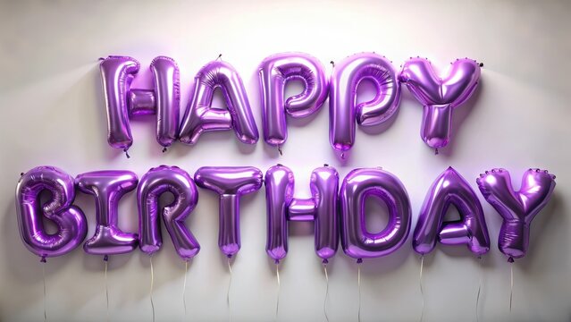 Purple metallic letter balloons float serenely on an isolated white canvas spelling out happy birthday in elegant script