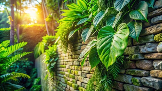 A delicate leaf pattern adorns a serene stone wall amidst a lush green oasis of vibrant summer foliage and plants