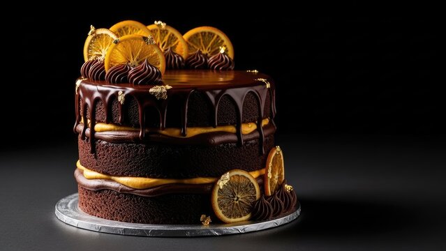 Luxurious chocolate cake with orange slices and gold accents on a dark background