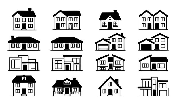Suburban house types thin line icons vector set with residential family home cottage and townhouse symbols for real estate property design