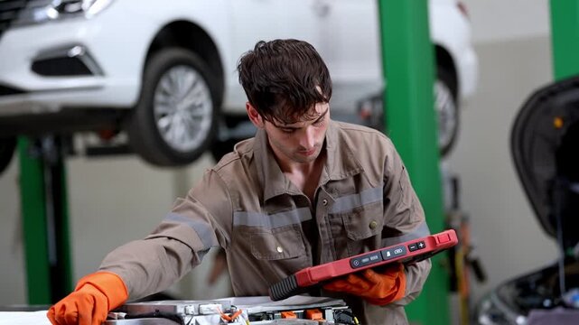 Mechanic service automobile repair garage diagnostic worker tool checking car engine battery vehicle system in auto workshop