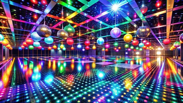 A mirrored dance floor reflects vibrant disco lights onto a shiny surface amidst a festive and lively party atmosphere tonight