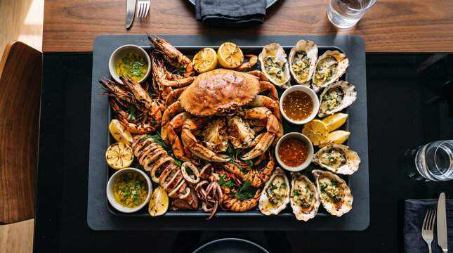 Fresh seafood big platter on a square plate