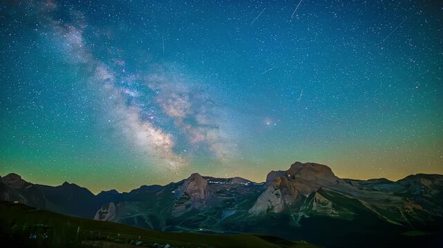 Milky Way galaxy arcs brightly across deep blue starry sky above rugged silhouetted peaks of Col Aubisque in the Pyrenees mountains
