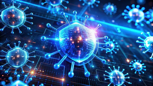 Glowing antivirus programs clash with malevolent malware on a virtual digital battlefield illuminated by pulsating blue light