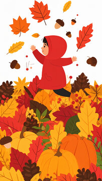 A happy child in a red hoodie jumps through colorful autumn leaves and pumpkins in a flat vector illustration style.