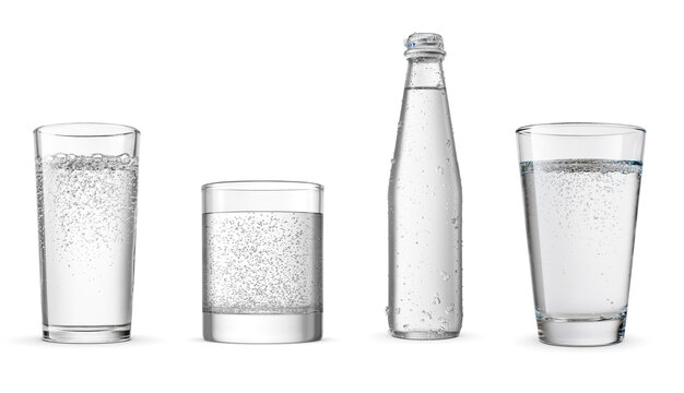 Collection of fizzy sparkling water in various glasses and a bottle, featuring refreshing bubbles.