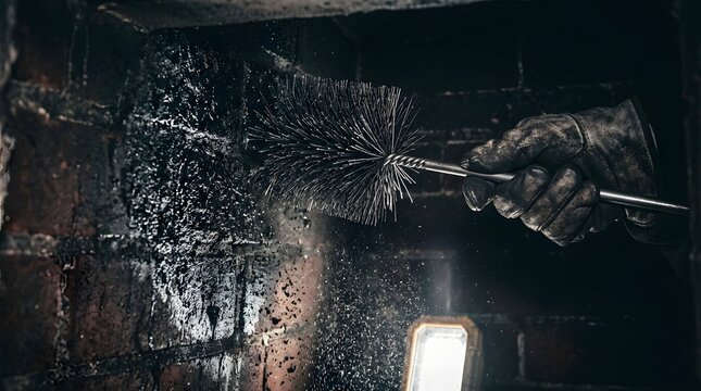 Chimney sweep cleaning soot from dark brick fireplace with wire brush and gloved hand using dramatic lighting.