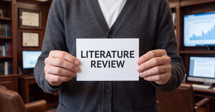 Literature review sign held by professional man in business office setting wearing grey sweater demonstrating academic research and analysis concepts