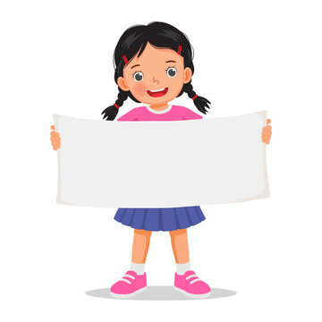 Little girl holding blank banner copy space for advertising
