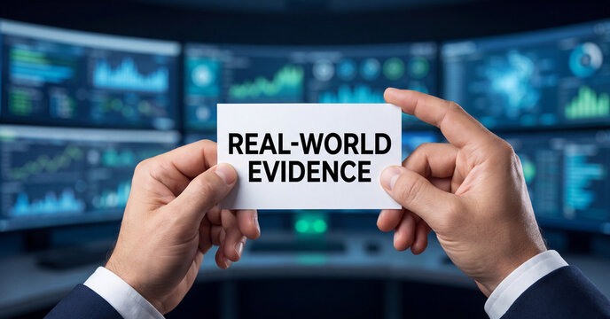 Real-world evidence concept held by businessman in office with digital analytical data monitors displaying charts and glowing blue graphs background