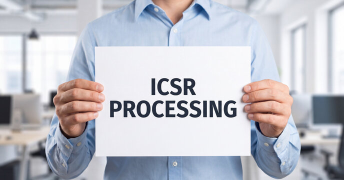 ICSR processing text displayed on a white paper held by a professional businessman wearing a blue shirt in office
