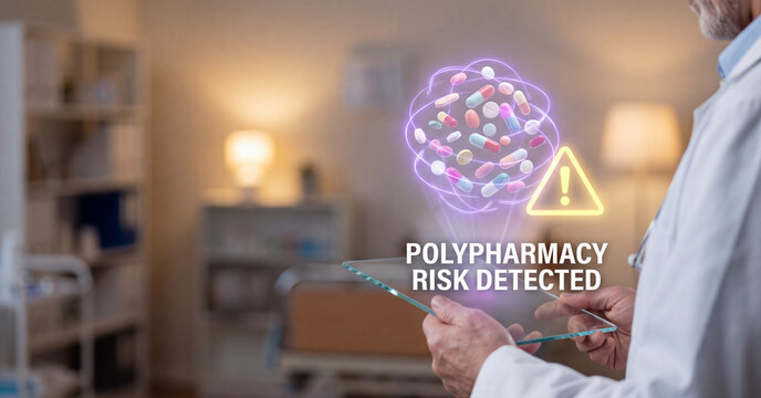 Medical professional holding transparent digital tablet displaying polypharmacy warning sign with floating pills holograms in modern clinic hospital environment setting