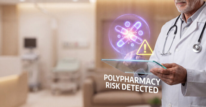 Physician using digital tablet interface displaying polypharmacy medical risks with floating holographic capsule icons in modern hospital healthcare environment clinic