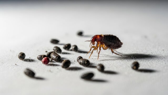 Macro shot of a bedbug surrounded by droppings on a white surface, sharp focus