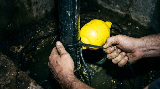 Close up of dirty hands attaching a yellow float switch to a pipe in a dark muddy wet sewage sump pump basin. 
