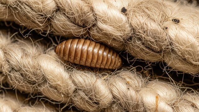 Macro shot of a brown larva resting on intertwined, textured rope fibers