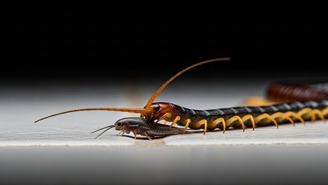 Macro shot of a centipede with its prey, a small insect, in a tiled indoor space