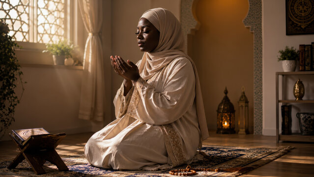 African woman in cream hijab and traditional attire kneels in prayer on a patterned rug, with a Quran on a wooden stand and decorative lanterns in a softly lit room