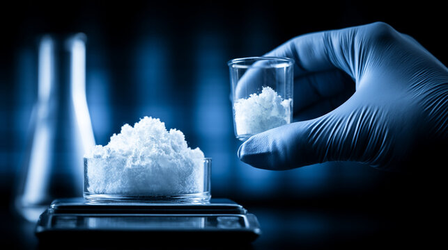 Gloved Hand Holding Chemical Powder In Glass Beaker Over Scale

