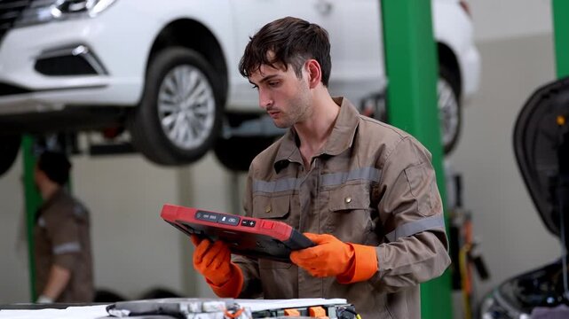Mechanic tablet glove garage car repair service workshop technician using digital tablet diagnostic tool during vehicle maintenance inspection