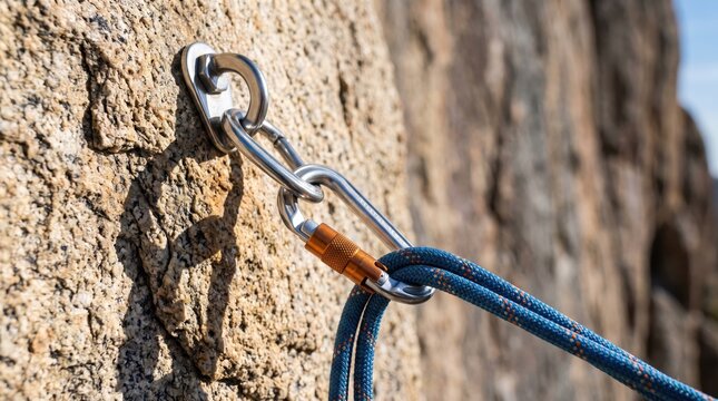 Close-up of a rock climbing anchor bolt with carabiner and blue safety rope attached to a granite cliff.