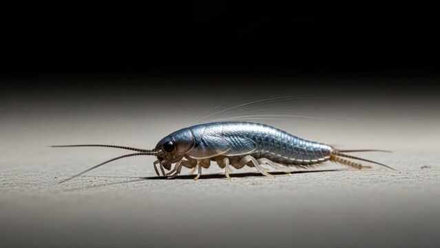 Macro shot of a silver, segmented insect with long antennae and tail-like appendages