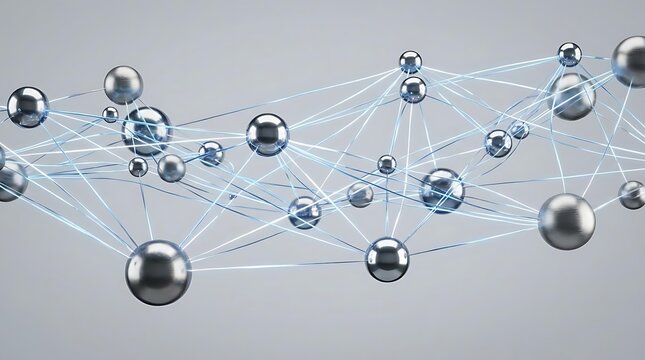 Abstract illustration of chrome spheres connected by blue light lines to analise dados and represent complex data visualization and network connectivity