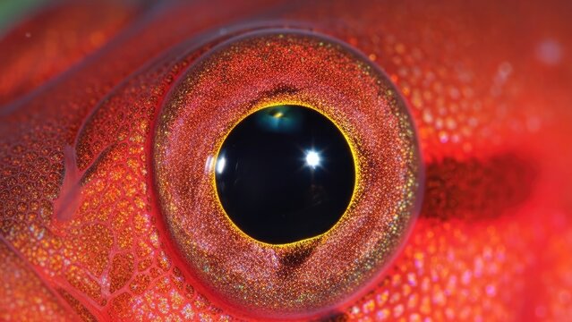 Macro shot of a vibrant red fish eye, detailed texture. Intense focus on the pupil