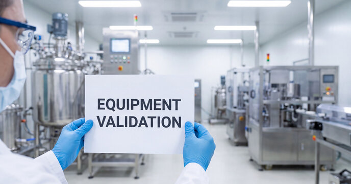 Equipment validation sign held by pharmaceutical worker wearing blue gloves and protective mask inside a sterile modern medical manufacturing laboratory facility