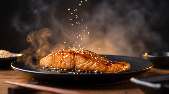 Hot Steaming Teriyaki Salmon Fillet Sprinkled with Sesame Seeds on Black Plate
