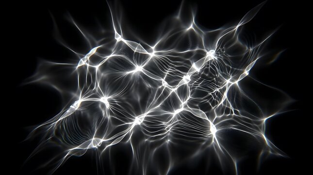 Water caustic light effect with glowing white pool ripples and wave reflection on black background