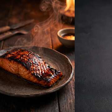Grilled Teriyaki Salmon Fillet on Wooden Table with Dark Copy Space Background
