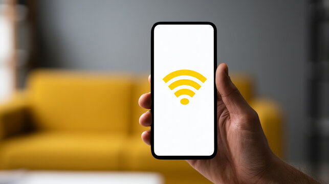 Hand Holding Smartphone Displaying Wifi Icon Symbol In Outdoor Campsite

