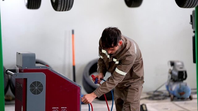 Mechanic service repair workshop man handling vehicle machine tool hose equipment during automotive maintenance in garage technician worker