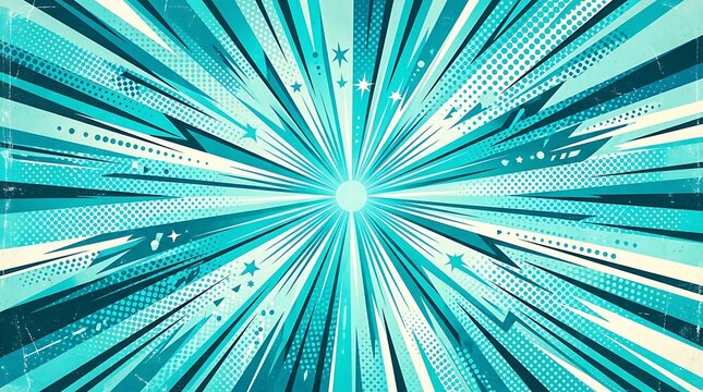 Dynamic blue comic book action speed lines background with halftone pattern and glowing center