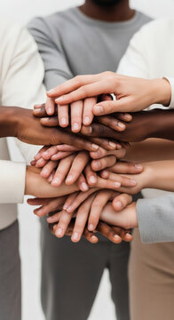 Close up of diverse business team stacking hands together in a huddle for unity and teamwork concept.