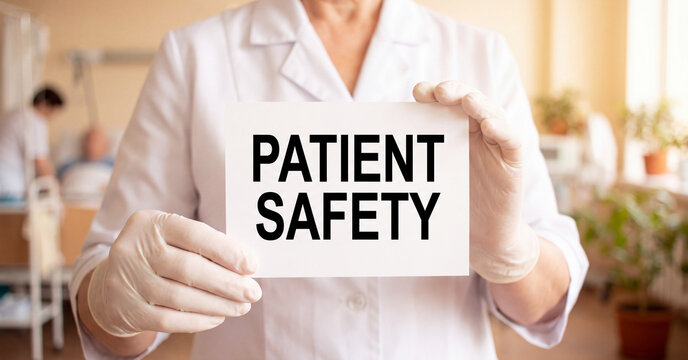 Patient safety sign held by medical doctor wearing protective gloves in hospital room during daily routine checkup service procedure