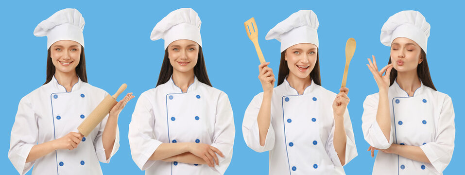 Set, Woman chef shows different poses in blue backdrop
