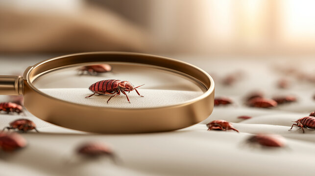 Magnifying Glass Inspection Reveals Bed Bug Parasites Infesting White Fabric Mattress Surface

