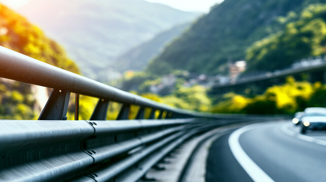 Safety Guardrail Installed Along Curved Highway Road Margin

