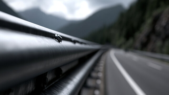 Metal Guardrail On Highway Road Edge At Sunset Light With Distant Traffic

