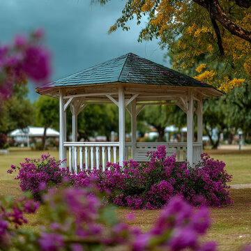 White wooden gazebo surrounded by blooming purple flowers in a public park with gazebo design, pavilion