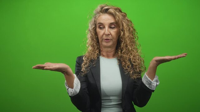 Middle age woman with curly blonde hair and blazer holding palms up, one hand vertical and one hand flat, gesturing as if weighing options against studio green screen; uncertainty.