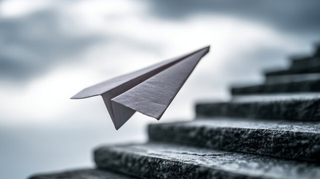 Paper Airplane Flying Upward Above Stone Steps Staircase Symbolizing Ambition Progress

