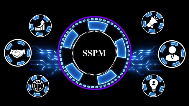 SPM text Global network of business icons. Neon line Animated circuit board. Digital technology background,and 4k animation video..